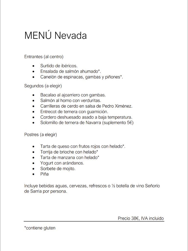 Carta de Restaurantes en Pamplona, Bar Restaurante Nevada, Menú Grupos Fin de Año (navidad)