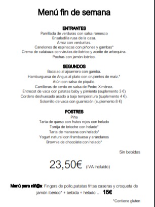 Carta de Restaurantes en Pamplona, Bar Restaurante Nevada, Menú fin de semana