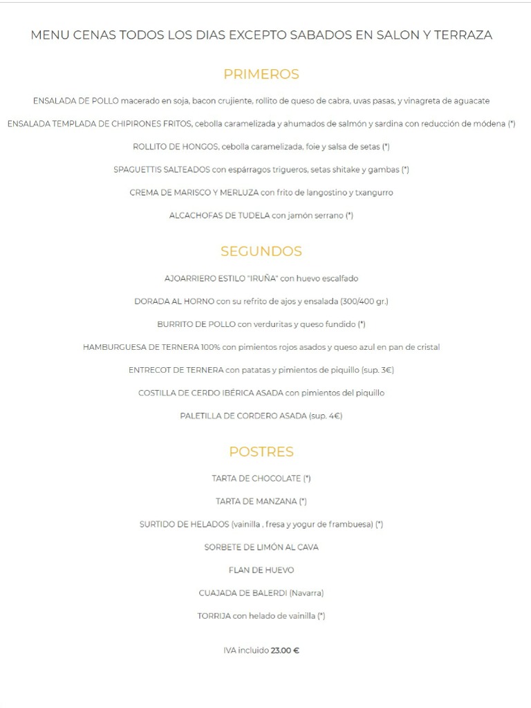 Menu of Restaurants in Pamplona, Café Iruña, Menú cenas todos los días excepto sábados en salón y terraza