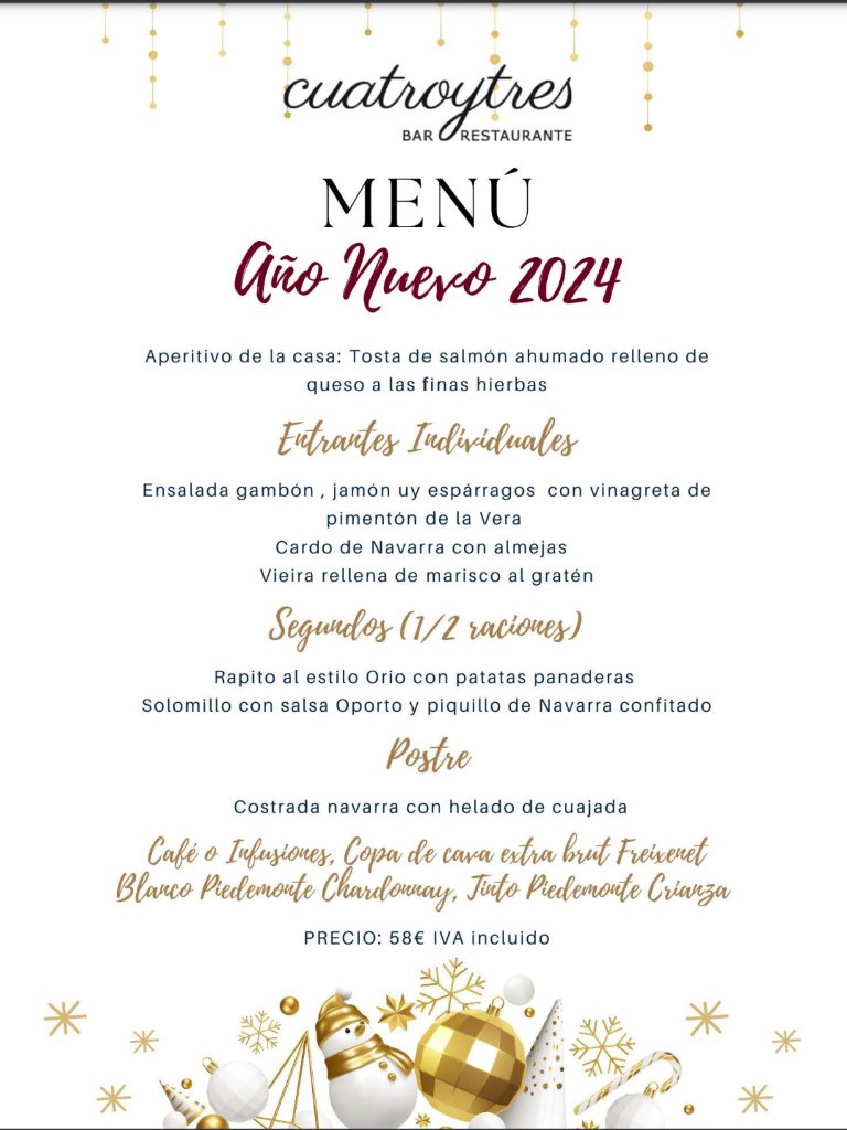 Carta de Restaurantes en Pamplona, Cafetería Restaurante  Cuatroytres, Menú año nuevo (Navidad)