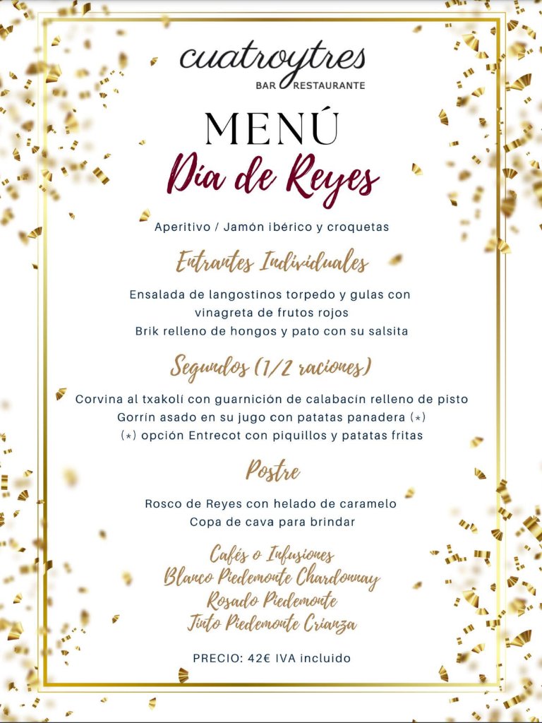 Carta de Restaurantes en Pamplona, Cafetería Restaurante  Cuatroytres, Menú Día de reyes (Navidad)
