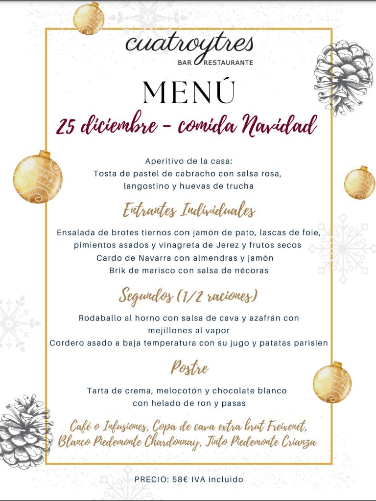 Carta de Restaurantes en Pamplona, Cafetería Restaurante  Cuatroytres, Menú 25 diciembre - Comida Navidad