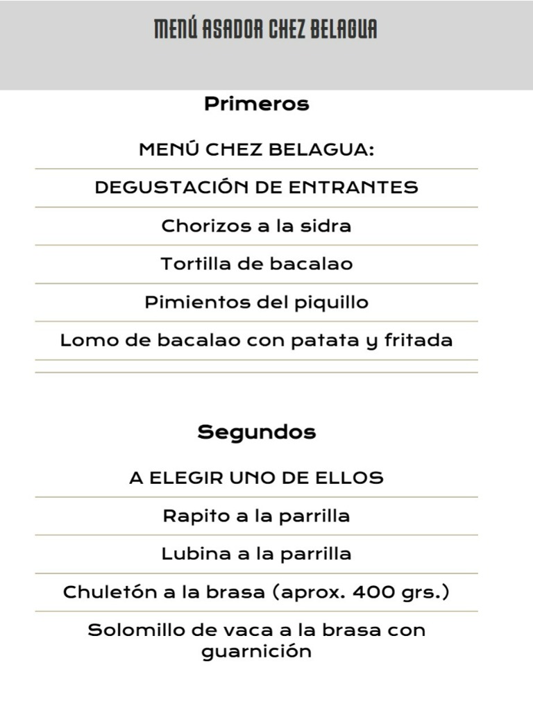 Carta de Restaurantes en Pamplona, Chez Belagua, Menú asador chez Belagua