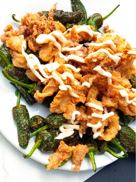 Menu of Restaurants in Pamplona, El Pasadizo de las Delicias, Txipirones con pimientos del padrón, ali oli y sal de pirámides.