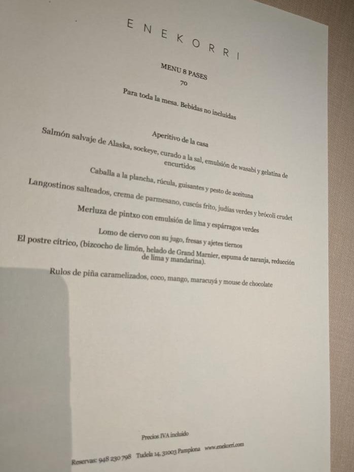 Menu of Restaurants in Pamplona, Enekorri, Menú 8 pases