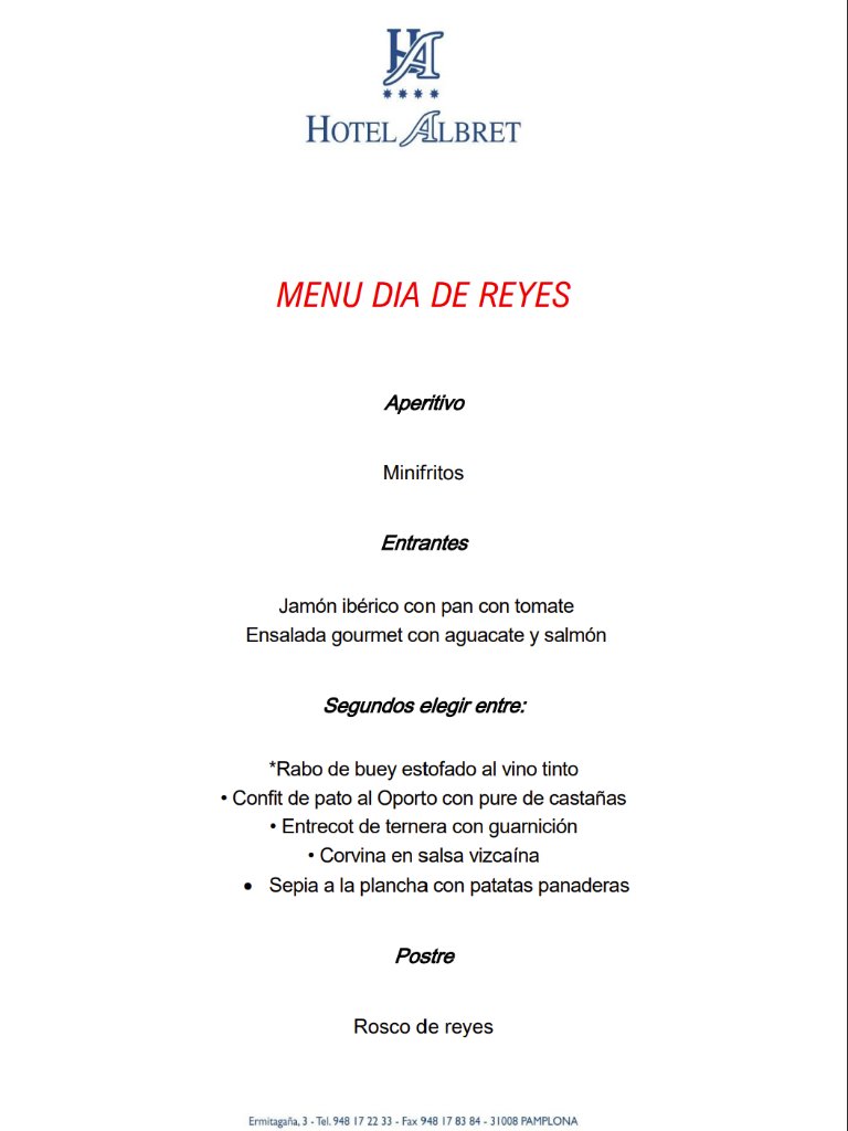 Carta de Restaurantes en Pamplona, Hotel Albret, Menú Día de Reyes (navidad)
