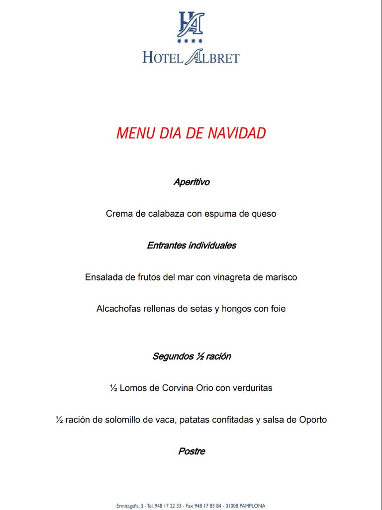 Carta de Restaurantes en Pamplona, Hotel Albret, Menú Navidad