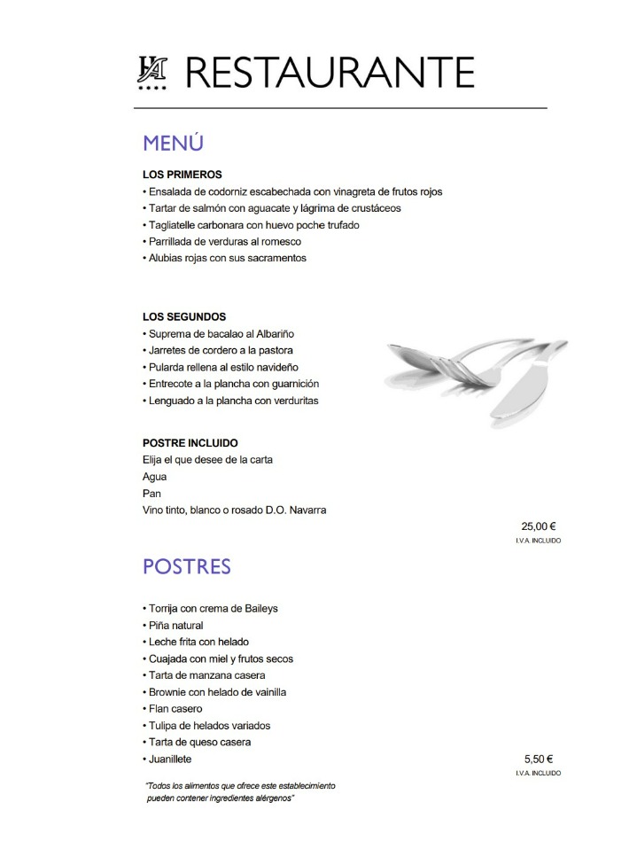 Carta de Restaurantes en Pamplona, Hotel Albret, Menú del día