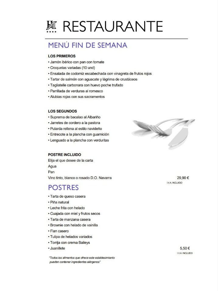 Carta de Restaurantes en Pamplona, Hotel Albret, Menú fin de semana