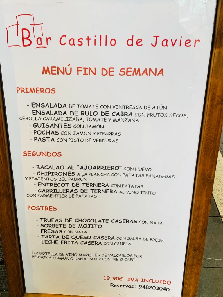 Menu of Restaurants in Pamplona, Hotel Castillo de Javier, Menú fin de semana