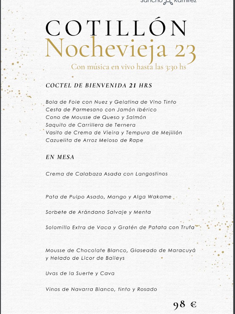 Menu of Restaurants in Pamplona, Hotel Sancho Ramirez, Cotillón Nochevieja 23 (Navidad)