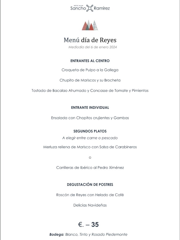 Menu of Restaurants in Pamplona, Hotel Sancho Ramirez, Menú día de Reyes (Navidad)