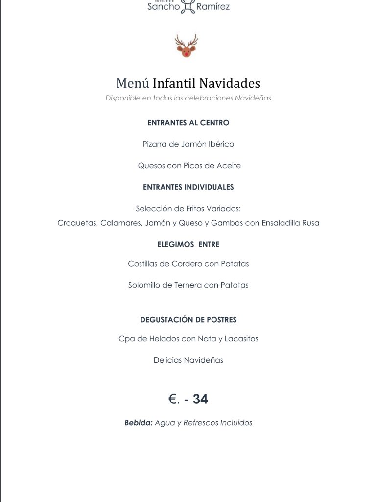 Menu of Restaurants in Pamplona, Hotel Sancho Ramirez, Menú Infantil Navidad