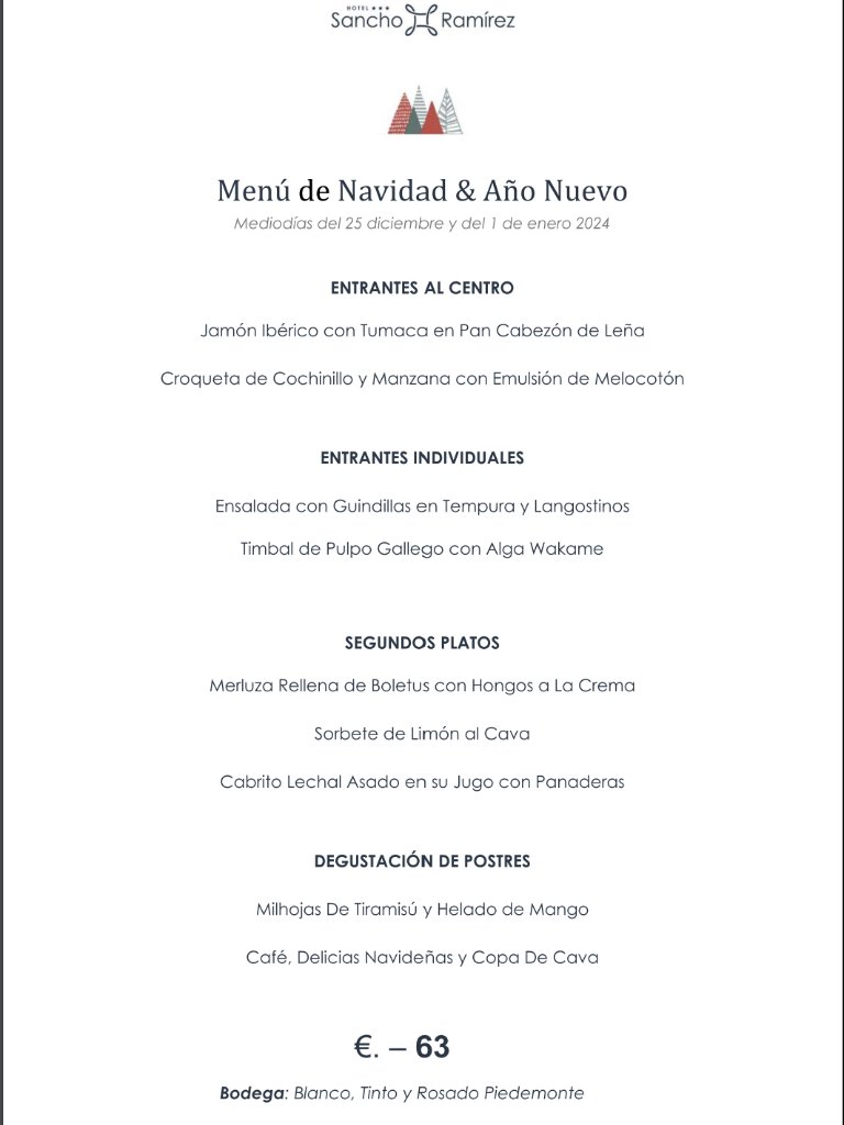 Menu of Restaurants in Pamplona, Hotel Sancho Ramirez, Menú Navidad & Año Nuevo (Mediodía)