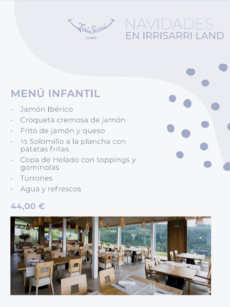 Carta de Restaurantes en Pamplona, IrriSarri Land, Menú Cena Nochebuena Infantil (Navidad)