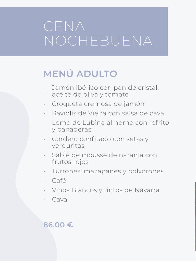 Carta de Restaurantes en Pamplona, IrriSarri Land, Menú Cena Nochebuena (Navidad)