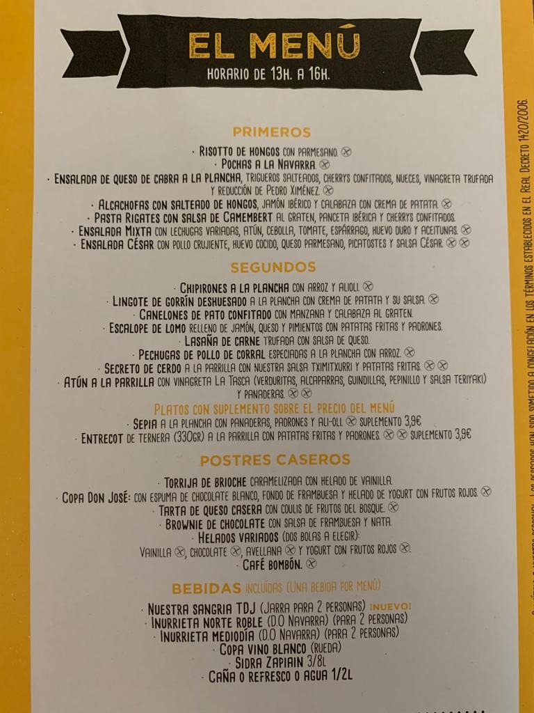 Carta de Restaurantes en Pamplona, La Tasca de Don José, El Menú