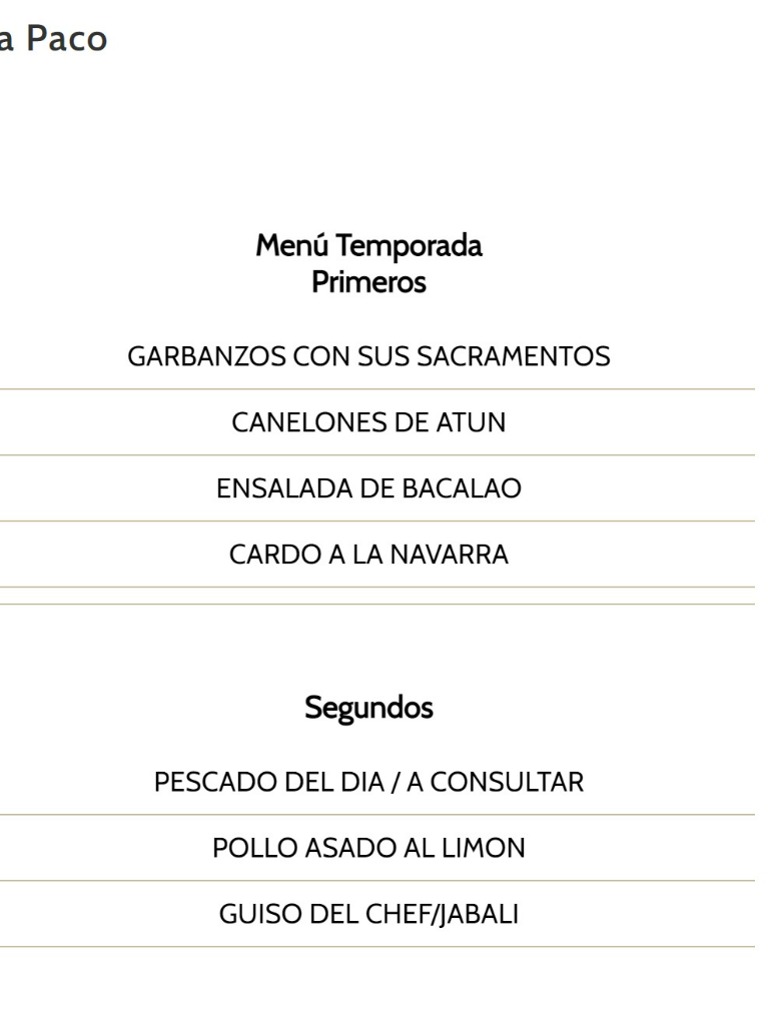 Carta de Restaurantes en Pamplona, Restaurante Casa Paco, Menú del día