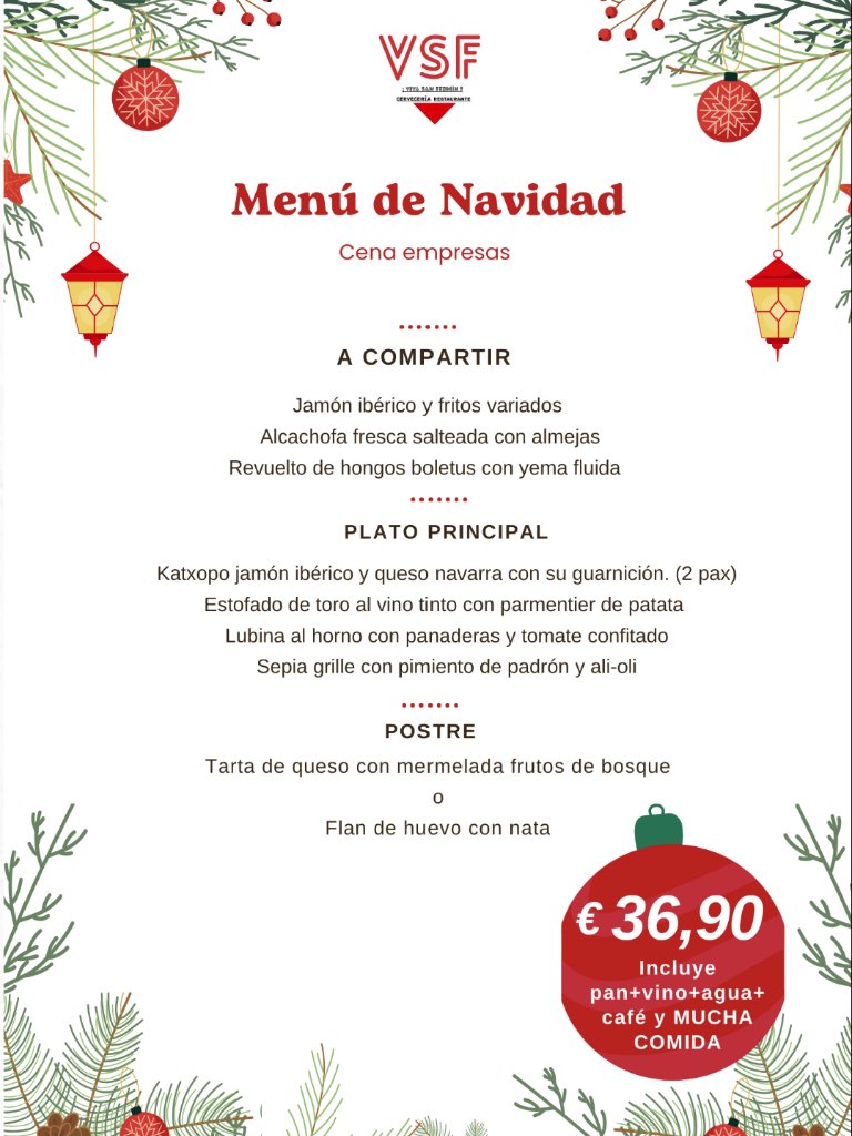 Menu of Restaurants in Pamplona, Viva San Fermín, Menú Navidad (empresas)