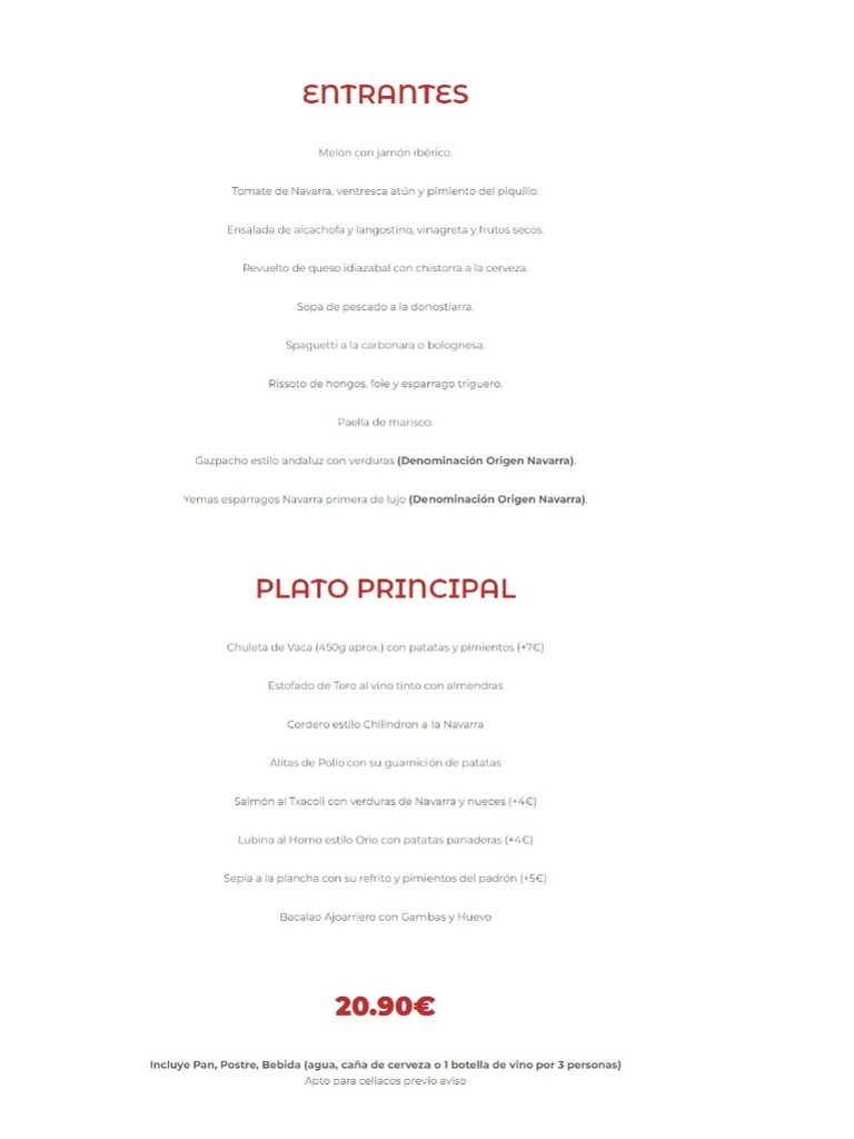 Menu of Restaurants in Pamplona, Viva San Fermín, Menú de día