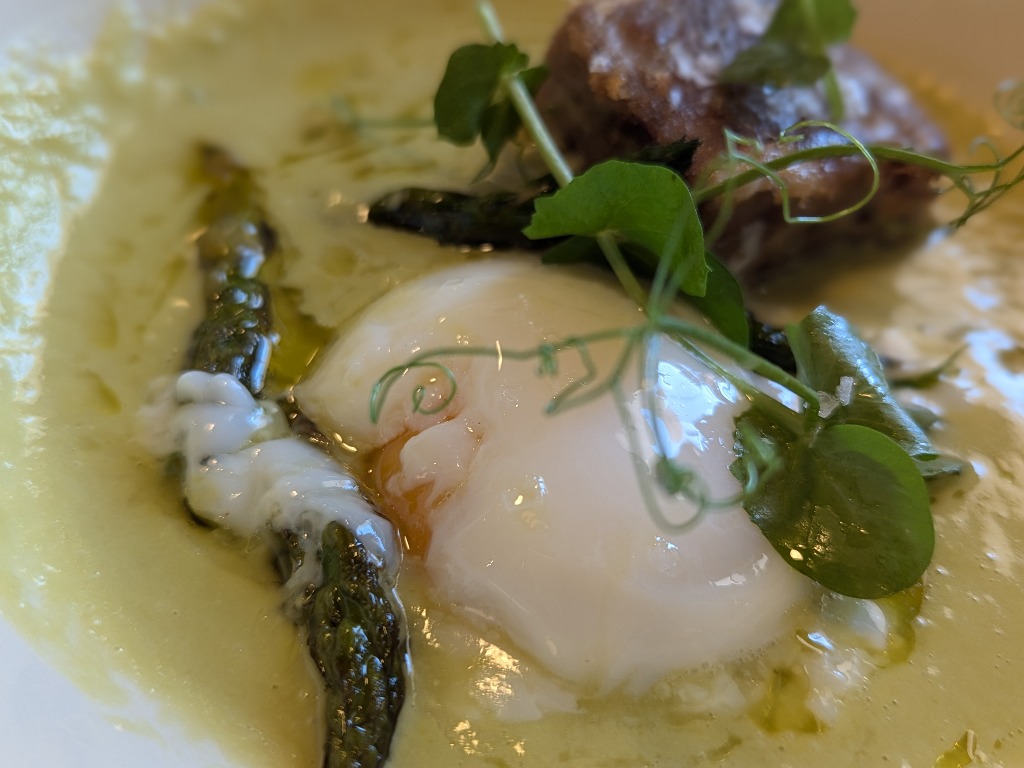Carta de Restaurantes en Requena, Finca Calderón Enoresort - Restaurante y Hotel, Espárrago triguero, terrina de cocido y huevo poché