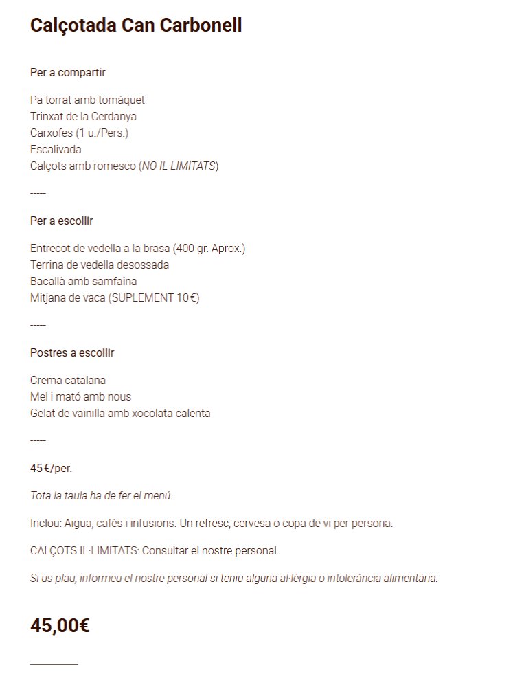 Carta de Restaurantes en Sant Just Desvern, Can Carbonell, Menú calçotada
