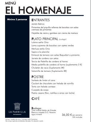 Menu of Restaurants in Tudela, La Parrilla Restaurante, Menú El Homenaje
