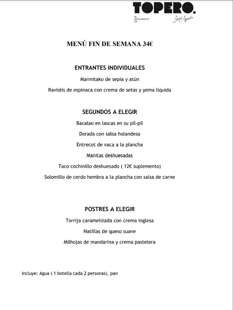 Carta de Restaurantes en Tudela, Restaurante Topero, Menú fin de semana