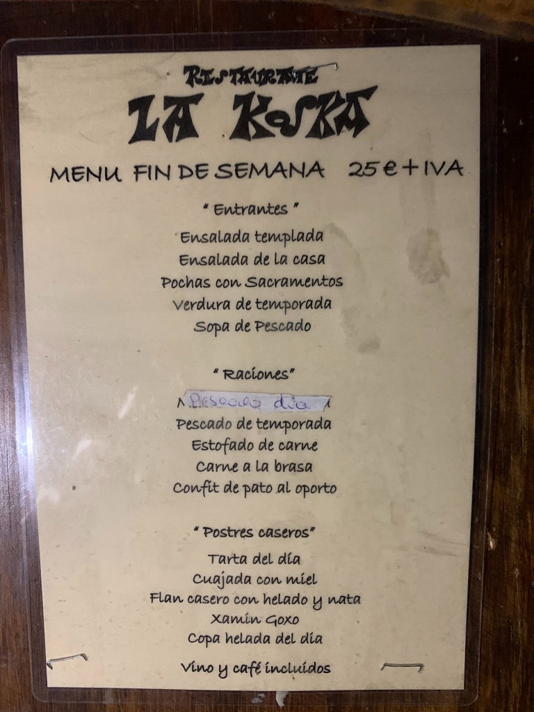 Carta de Restaurantes en Urdax, Restaurante La Koska, Menú fin de semana