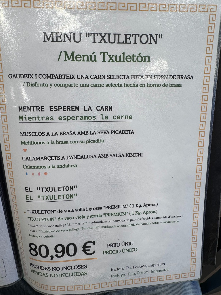 Menu of Restaurants in Vilassar de Mar, Anxaneta, Menú Txuletón