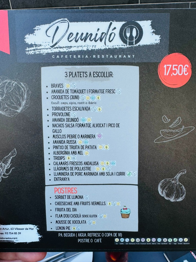 Carta de Restaurantes en Vilassar del Mar, Deunidó Restaurant, Menú