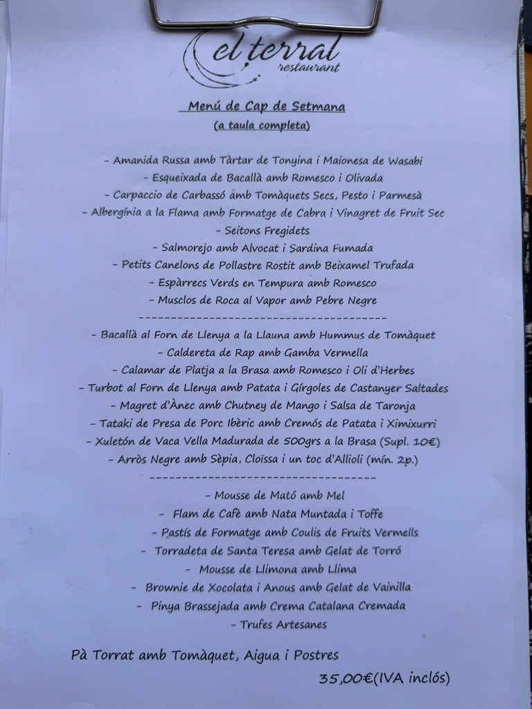 Carta de Restaurantes en Vilassar del Mar, El Terral, Menú fin de semana