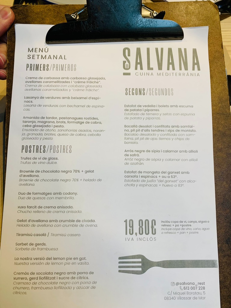 Menu of Restaurants in Vilassar de Mar, Salvana restaurant, Menú semanal