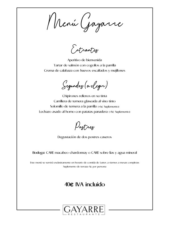 Carta de Restaurantes en Zaragoza, Restaurante Gayarre, Menú Gayarre